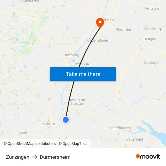 Zunzingen to Durmersheim map