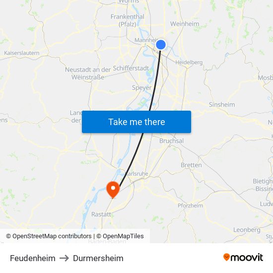 Feudenheim to Durmersheim map