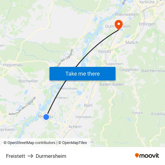 Freistett to Durmersheim map