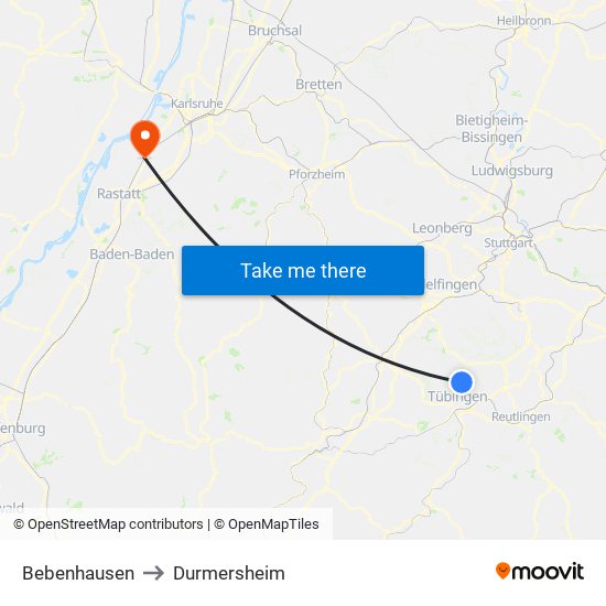 Bebenhausen to Durmersheim map