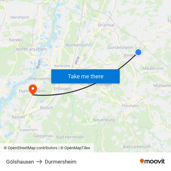 Gölshausen to Durmersheim map