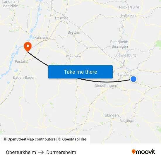 Obertürkheim to Durmersheim map
