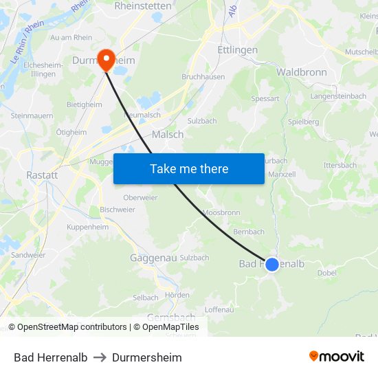 Bad Herrenalb to Durmersheim map