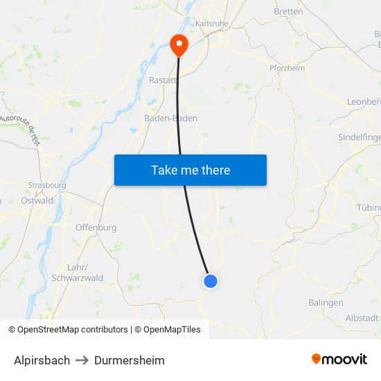 Alpirsbach to Durmersheim map