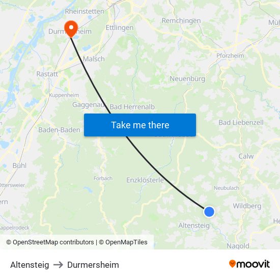 Altensteig to Durmersheim map