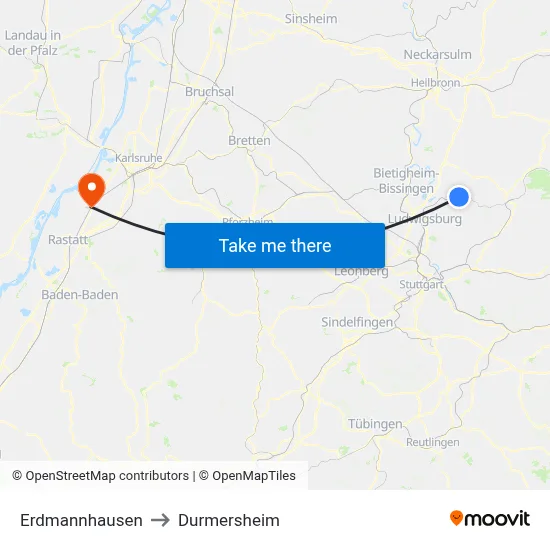 Erdmannhausen to Durmersheim map
