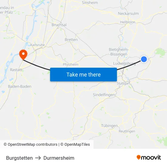 Burgstetten to Durmersheim map