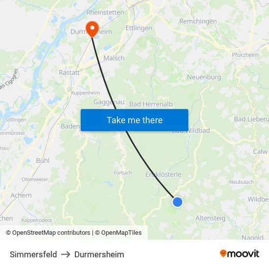 Simmersfeld to Durmersheim map