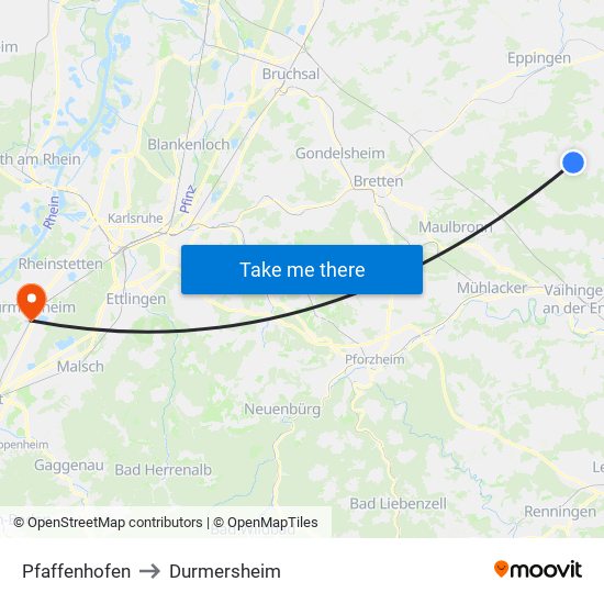 Pfaffenhofen to Durmersheim map