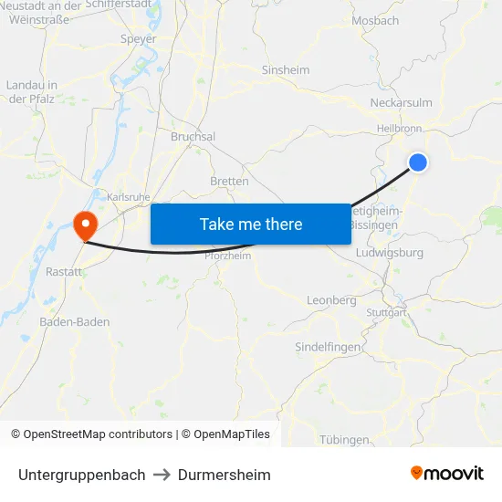 Untergruppenbach to Durmersheim map