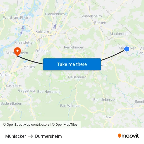 Mühlacker to Durmersheim map