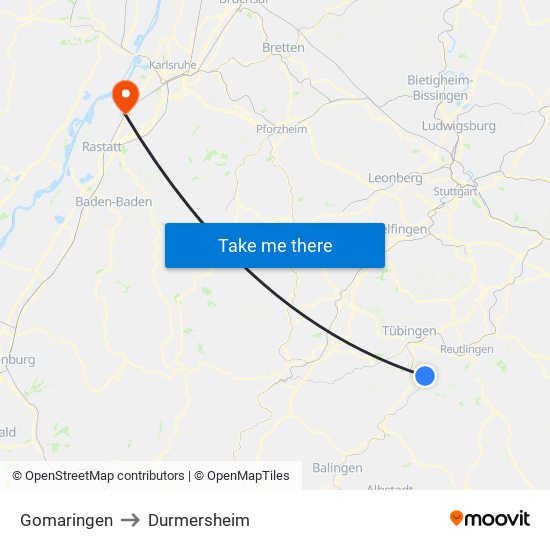 Gomaringen to Durmersheim map