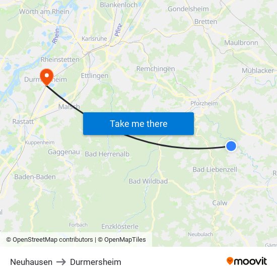 Neuhausen to Durmersheim map