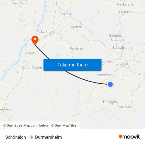 Schönaich to Durmersheim map