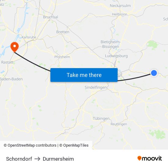 Schorndorf to Durmersheim map