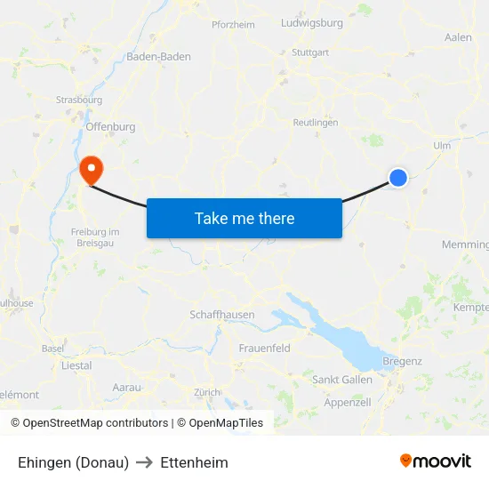 Ehingen (Donau) to Ettenheim map