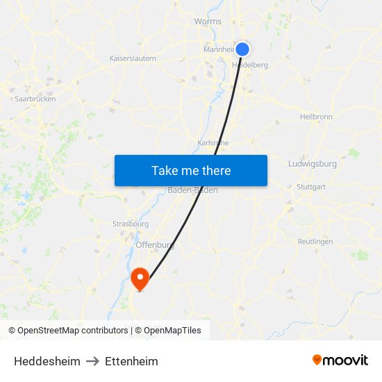 Heddesheim to Ettenheim map