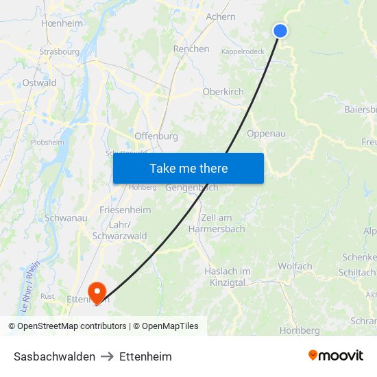Sasbachwalden to Ettenheim map