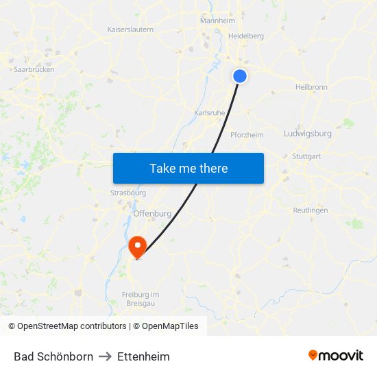 Bad Schönborn to Ettenheim map