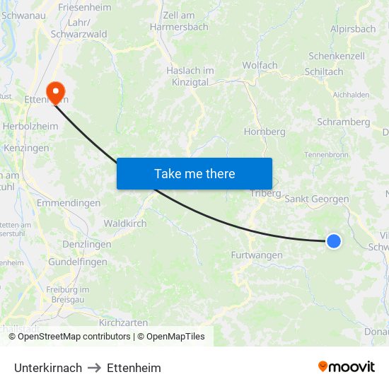 Unterkirnach to Ettenheim map