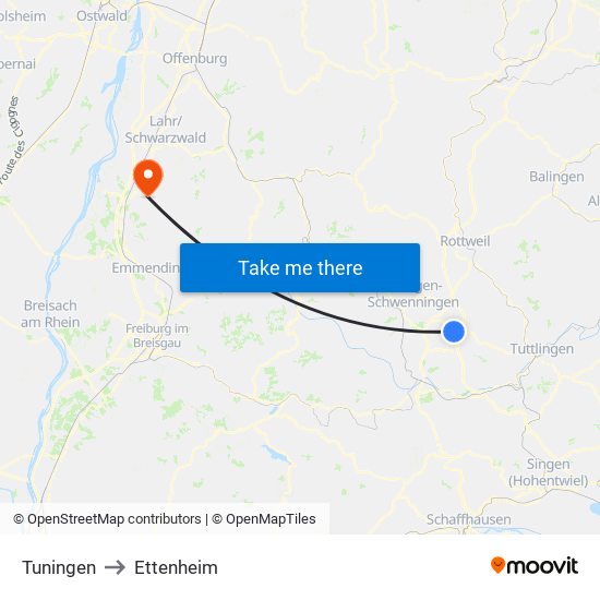 Tuningen to Ettenheim map