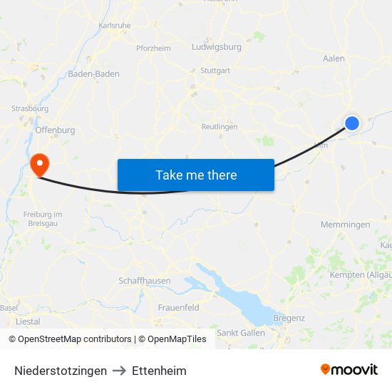 Niederstotzingen to Ettenheim map