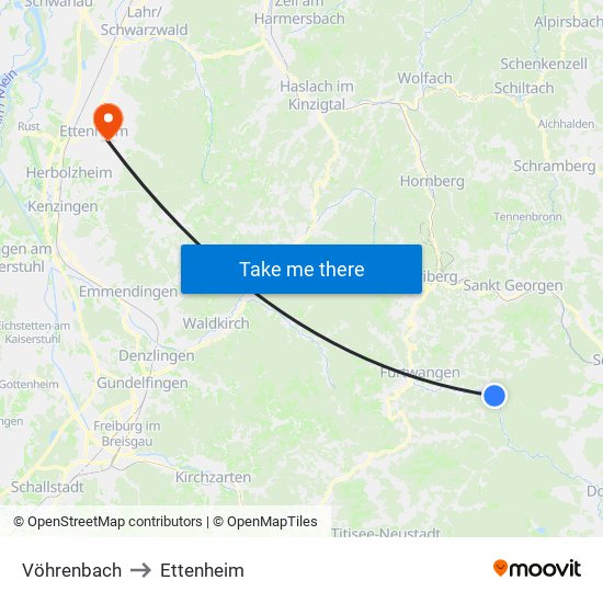 Vöhrenbach to Ettenheim map