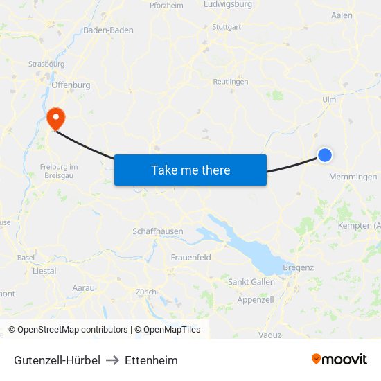 Gutenzell-Hürbel to Ettenheim map