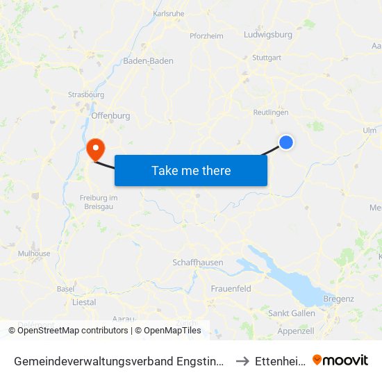 Gemeindeverwaltungsverband Engstingen to Ettenheim map
