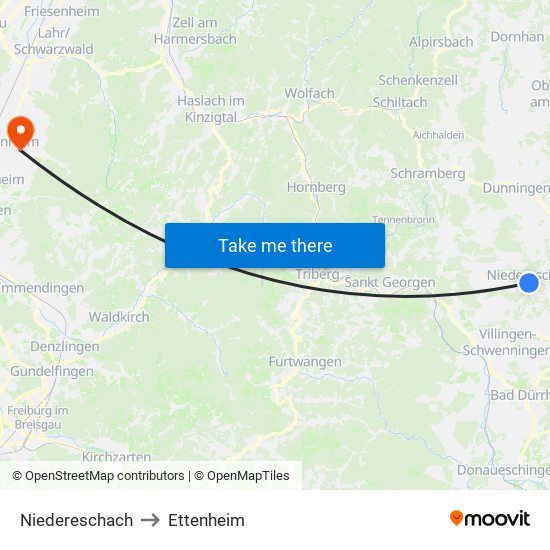 Niedereschach to Ettenheim map