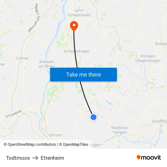 Todtmoos to Ettenheim map