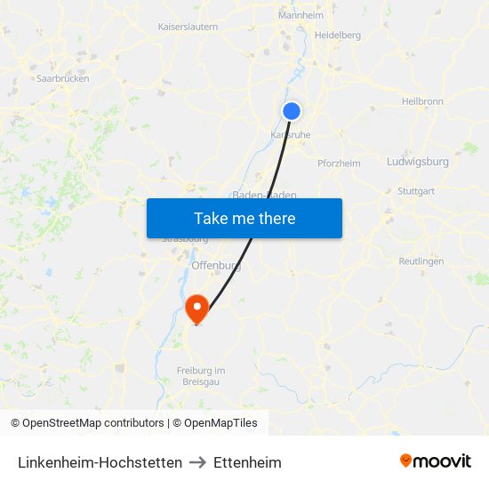 Linkenheim-Hochstetten to Ettenheim map