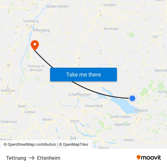 Tettnang to Ettenheim map