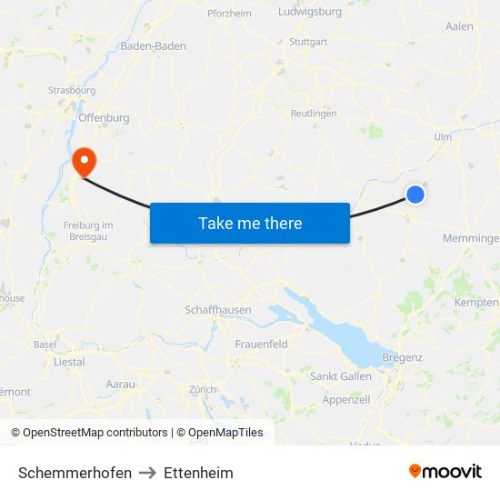 Schemmerhofen to Ettenheim map