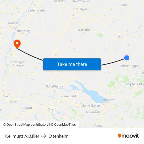 Kellmünz A.D.Iller to Ettenheim map
