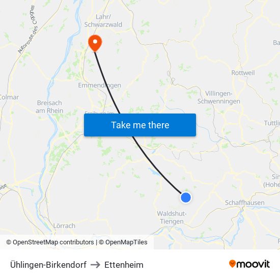 Ühlingen-Birkendorf to Ettenheim map
