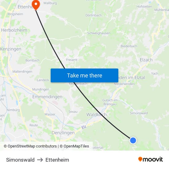 Simonswald to Ettenheim map