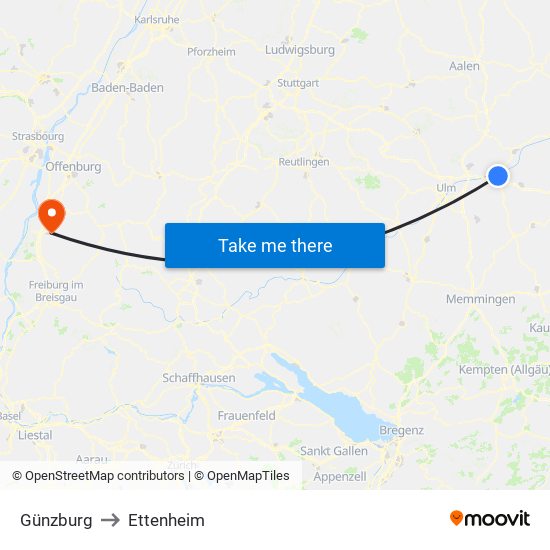 Günzburg to Ettenheim map