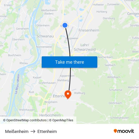 Meißenheim to Ettenheim map