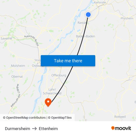 Durmersheim to Ettenheim map