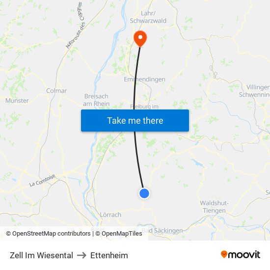 Zell Im Wiesental to Ettenheim map