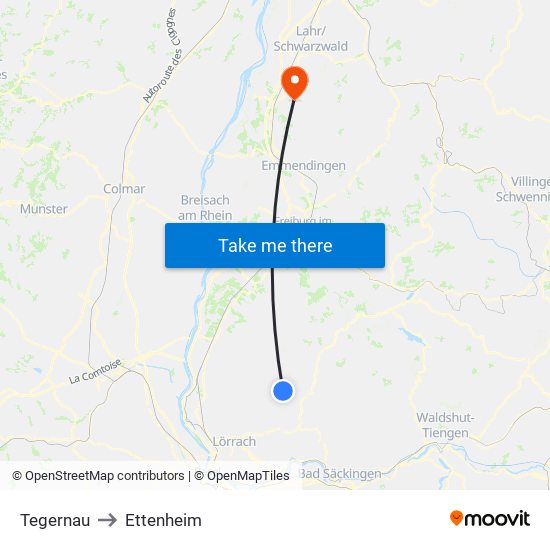 Tegernau to Ettenheim map