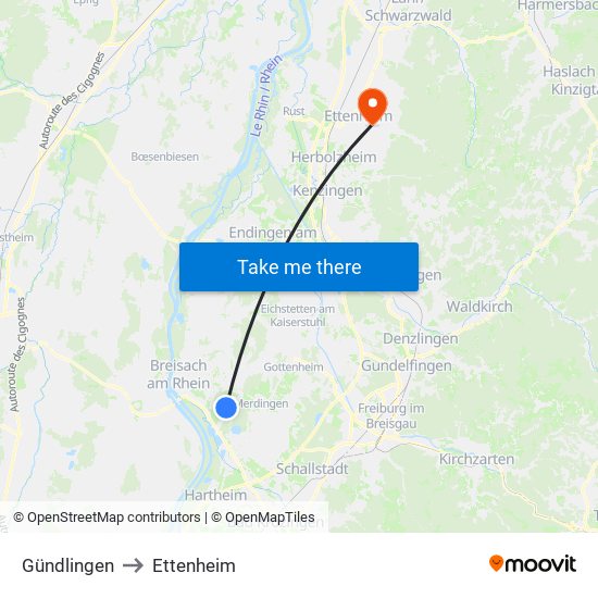 Gündlingen to Ettenheim map