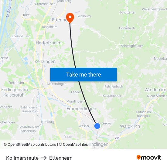 Kollmarsreute to Ettenheim map