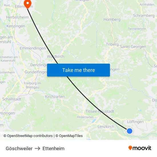 Göschweiler to Ettenheim map