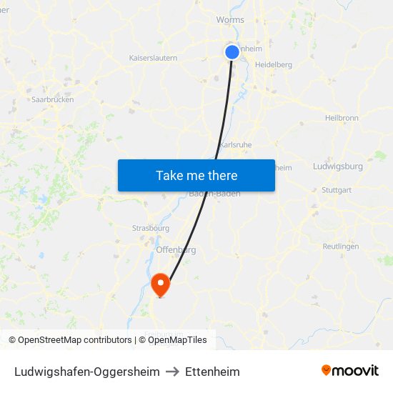 Ludwigshafen-Oggersheim to Ettenheim map