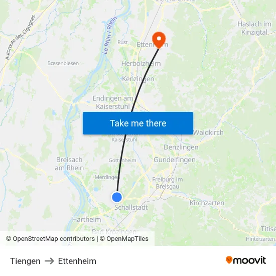 Tiengen to Ettenheim map