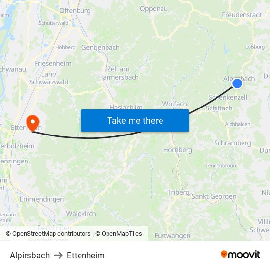 Alpirsbach to Ettenheim map