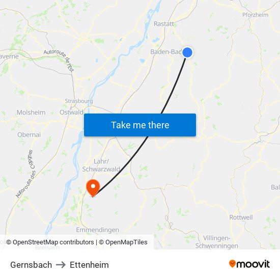 Gernsbach to Ettenheim map