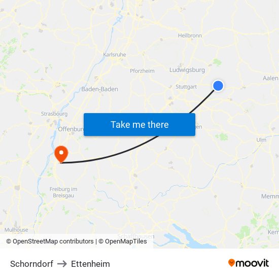 Schorndorf to Ettenheim map